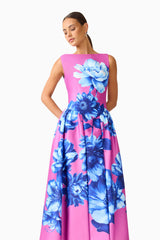 Sybella A-Line Midi Dress in Pink & Blue Floral with a boat neckline &  cap sleeves close up shot