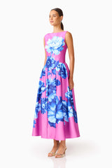 Sybella A-Line Midi Dress in Pink & Blue Floral with a boat neckline &  cap sleeves side shot