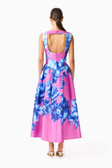 Sybella A-Line Midi Dress in Pink & Blue Floral open cutout back, back shot