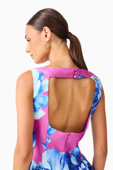 Sybella A-Line Midi Dress in Pink & Blue Floral with open cutout back & detail shot