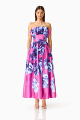 Sybella Ruffle Maxi in Pink & Blue Floral with strapless neckline and fit & flare silhouette front shot
