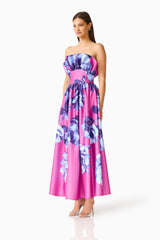 Sybella Ruffle Maxi in Pink & Blue Floral with strapless neckline & fit & flare silhouette side shot