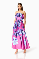 Sybella Ruffle Maxi in Pink & Blue Floral with strapless neckline & fit & flare silhouette posed shot