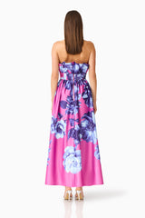 Sybella Ruffle Maxi in Pink & Blue Floral with back shirring & zipper back shot