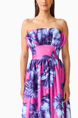 Sybella Ruffle Maxi in Pink & Blue Floral with strapless neckline & fit & flare silhouette close up shot