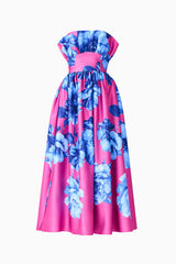 Sybella Ruffle Maxi in Pink & Blue Floral with strapless neckline & fit & flare silhouette ghost shot