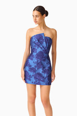 Sorelle Asymmetric Mini Dress in Cobalt Blue with asymmetrical neckline & slim fit silhouette close up shot