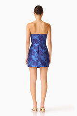 Sorelle Asymmetric Mini Dress in Cobalt Blue with asymmetrical neckline & slim fit silhouette back shot