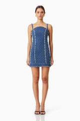 elliatt denim dress Elliatt Ocean Puff Sleeve Mini Dress Sz M Blue Acid Wash Denim Mock Neck Country