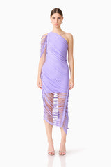 Brunette model wearing the Alya Asymmetrical Midi Dress in Purple front shot 