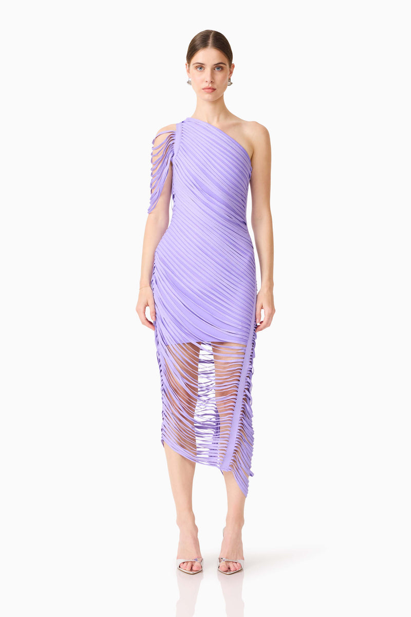 Brunette model wearing the Alya Asymmetrical Midi Dress in Purple front shot 
