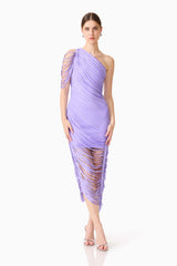 Brunette model wearing the Alya Asymmetrical Midi Dress in Purple posed shot 