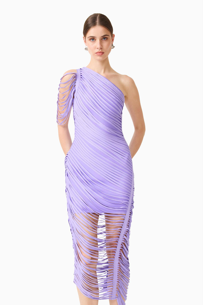 Brunette model wearing the Alya Asymmetrical Midi Dress in Purple close up shot 
