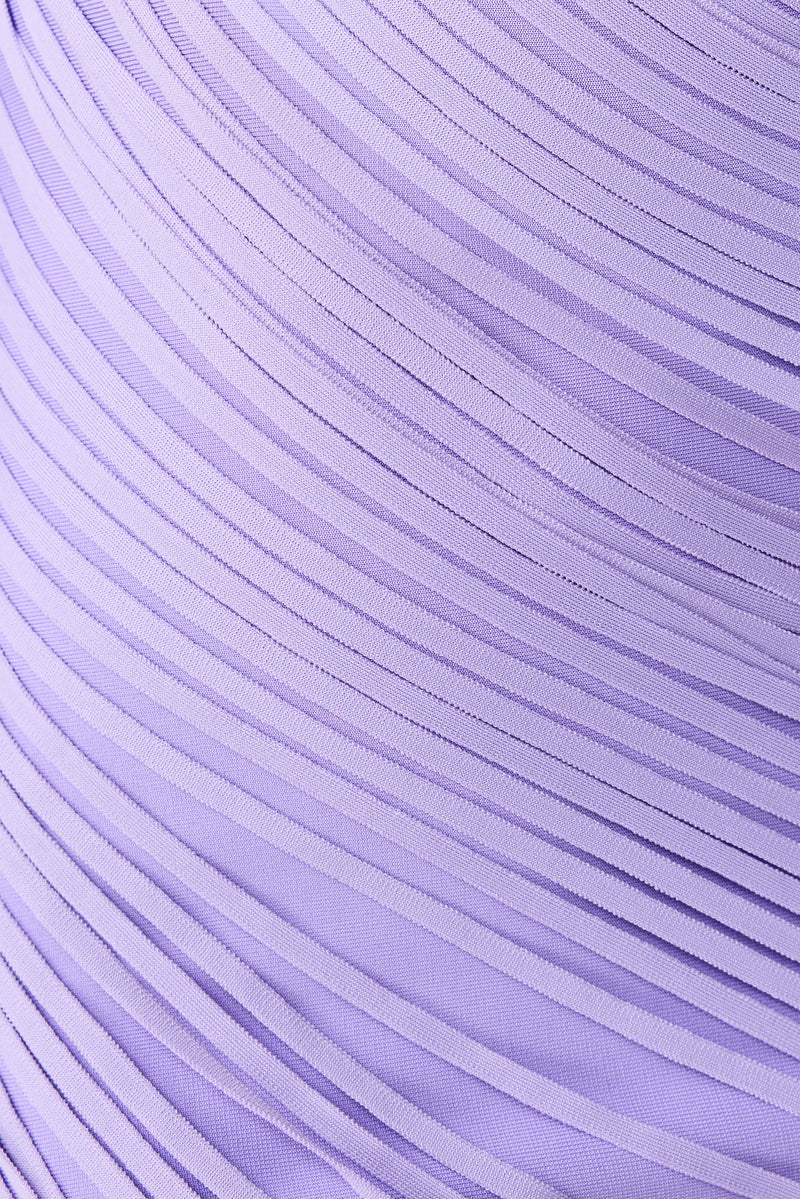 Brunette model wearing the Alya Asymmetrical Midi Dress in Purple detail shot