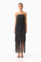 Brunette model wearing the Alya Tiered Maxi Dress in Black front shot