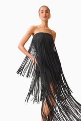Brunette model wearing the Alya Tiered Maxi Dress in Black close up posed shot