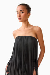 Brunette model wearing the Alya Tiered Maxi Dress in Black close up shot