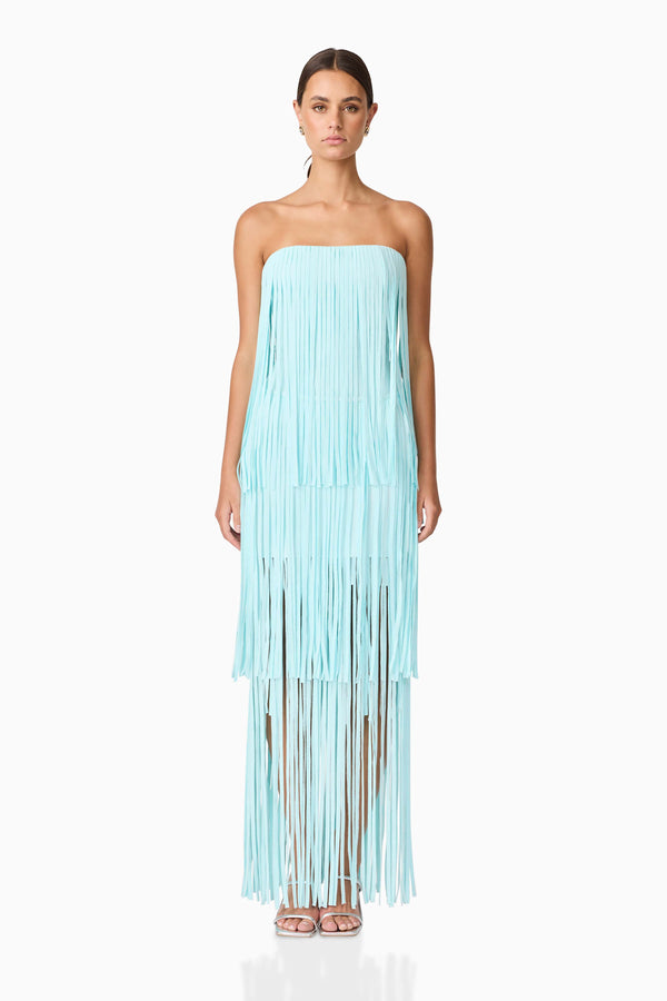 Brunette model wearing the Alya Tiered Maxi Dress in Blue front shot