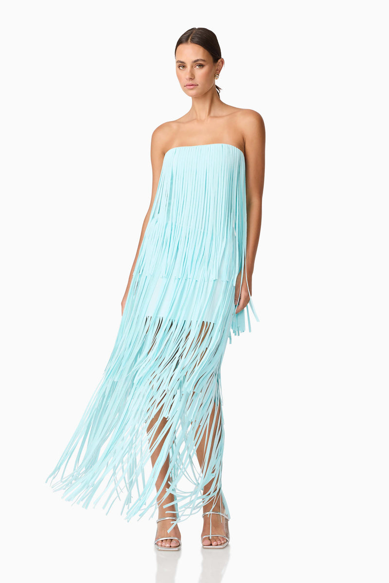Brunette model wearing the Alya Tiered Maxi Dress in Blue pose shot