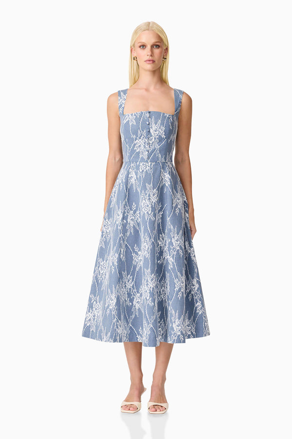 Brunette model wearing the Safia Midi Dress in Blue front shot