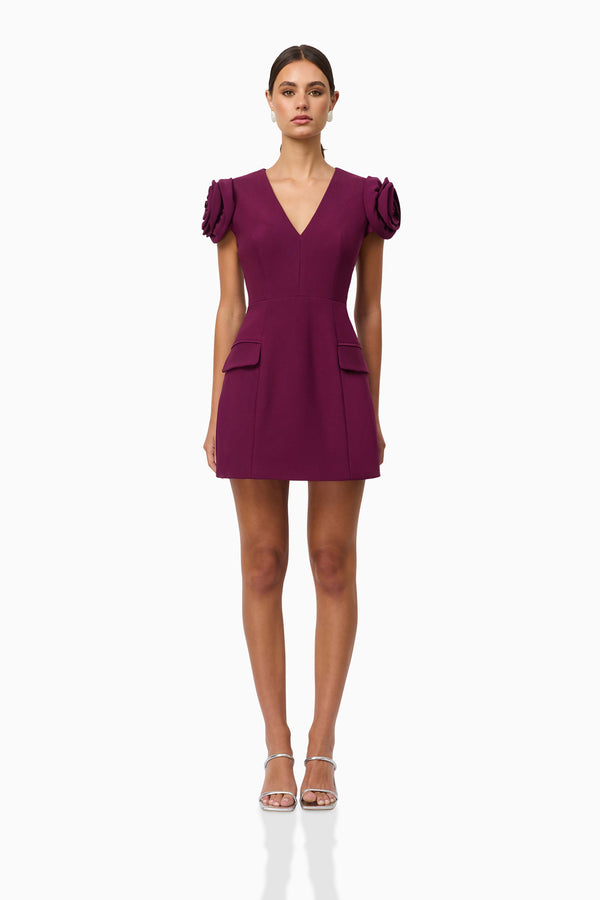 Brunette model wearing Theresa V-Neck Mini Dress in Burgundy front shot