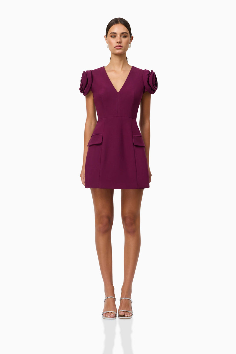 Brunette model wearing Theresa V-Neck Mini Dress in Burgundy front shot
