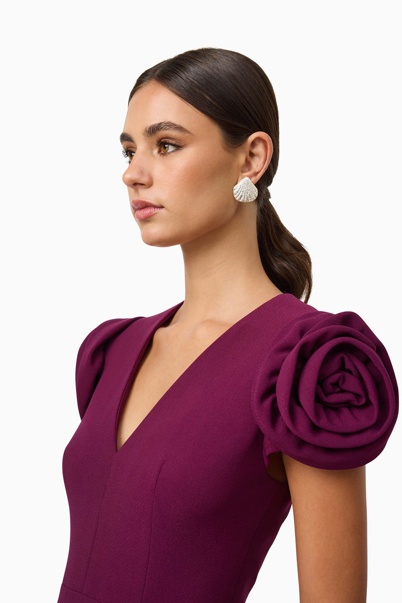 Brunette model wearing Theresa V-Neck Mini Dress in Burgundy close up looking away shot