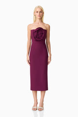 Blonde model wearing Theresa Strapless Midi Dress in Burgundy Front Shot