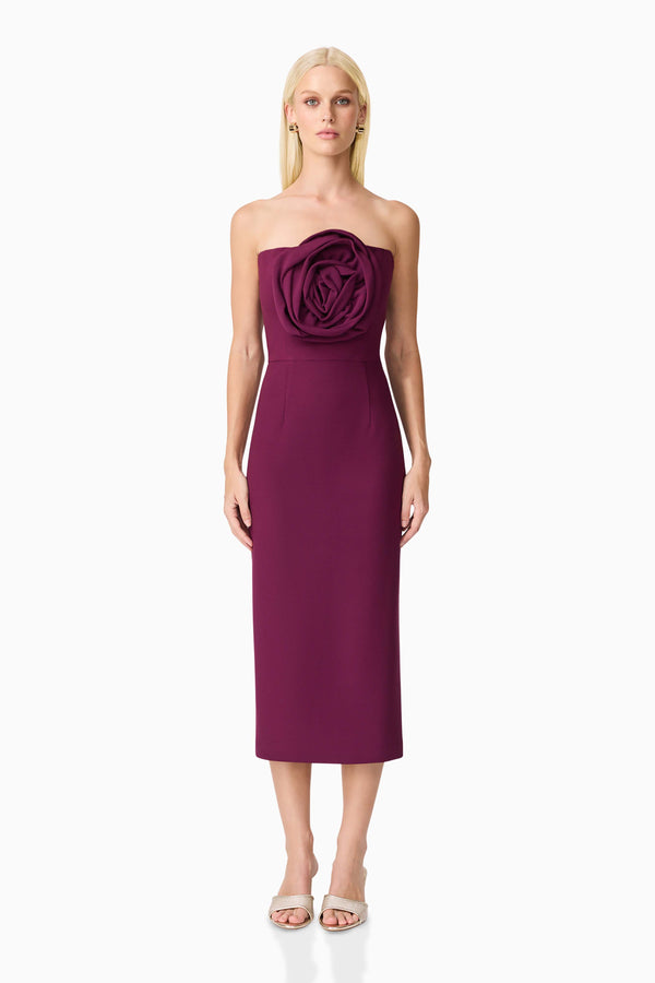 Blonde model wearing Theresa Strapless Midi Dress in Burgundy Front Shot