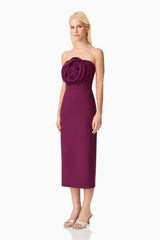 Blonde model wearing Theresa Strapless Midi Dress in Burgundy Side Shot