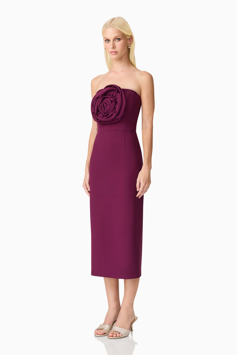 Blonde model wearing Theresa Strapless Midi Dress in Burgundy Side Shot