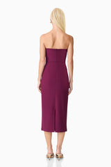 Blonde model wearing Theresa Strapless Midi Dress in Burgundy Back Shot