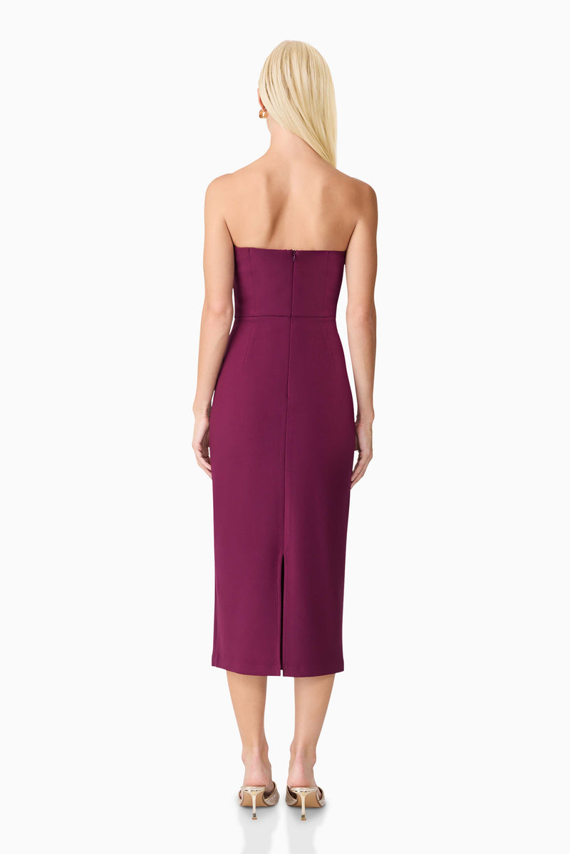 Blonde model wearing Theresa Strapless Midi Dress in Burgundy Back Shot