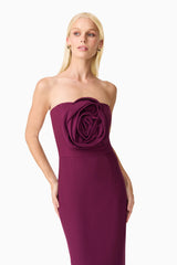 Blonde model wearing Theresa Strapless Midi Dress in Burgundy Posed Close Up Shot