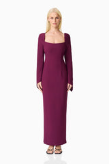 Blonde model wearing the Theresa Long Sleeve Gown in Burgundy front shot
