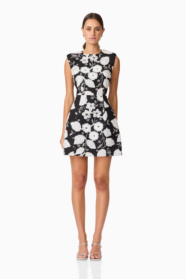 Brunette model wearing the Carol Tulip Mini Dres in Black & White front shot