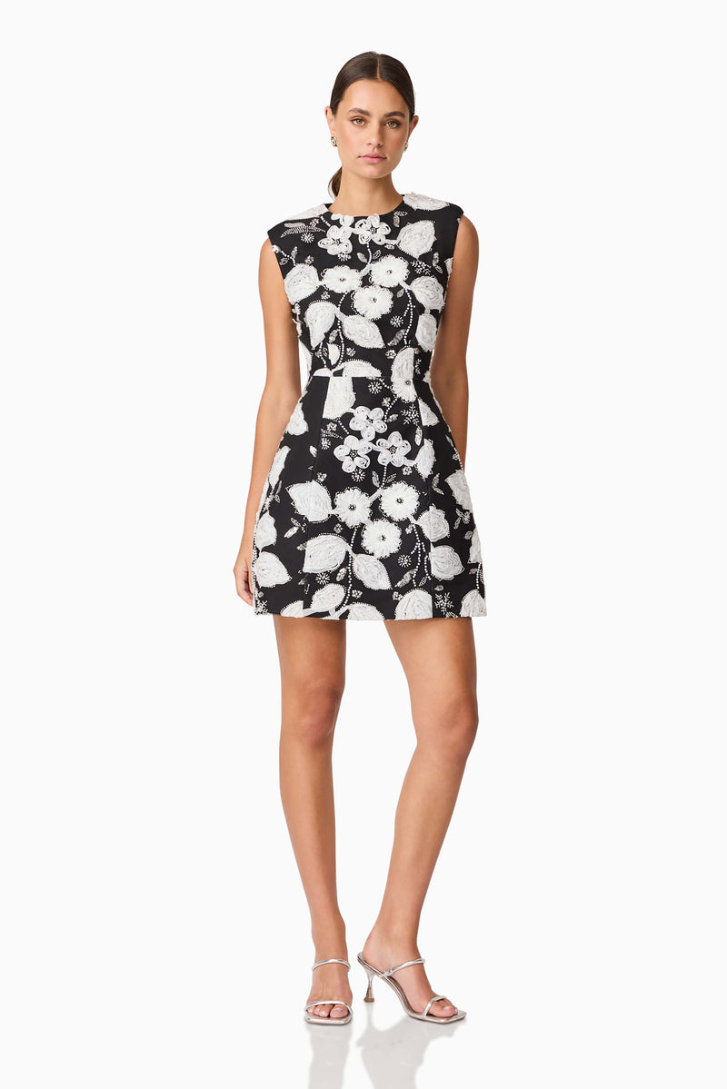 Brunette model wearing the Carol Tulip Mini Dres in Black & White pose shot