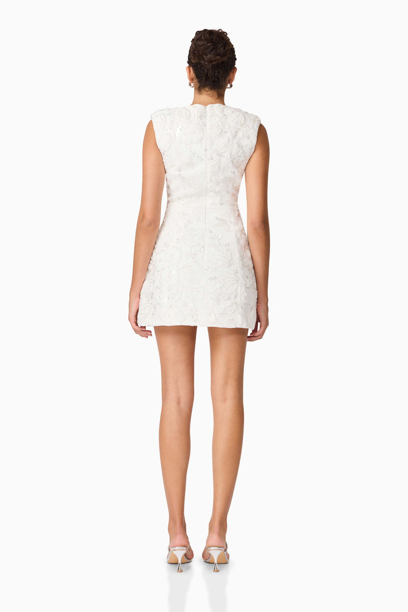 Carol Tulip Mini Dress in White | Embellished Floral Finish