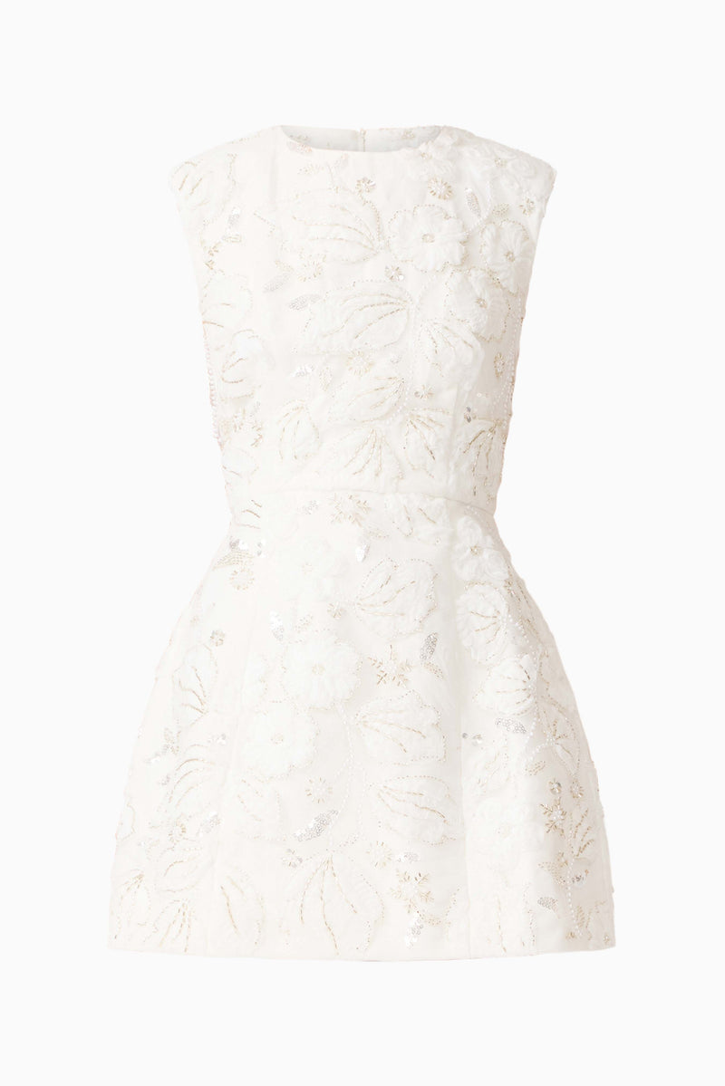 Brunette model wearing Carol Tulip Mini Dress in White ghost shot