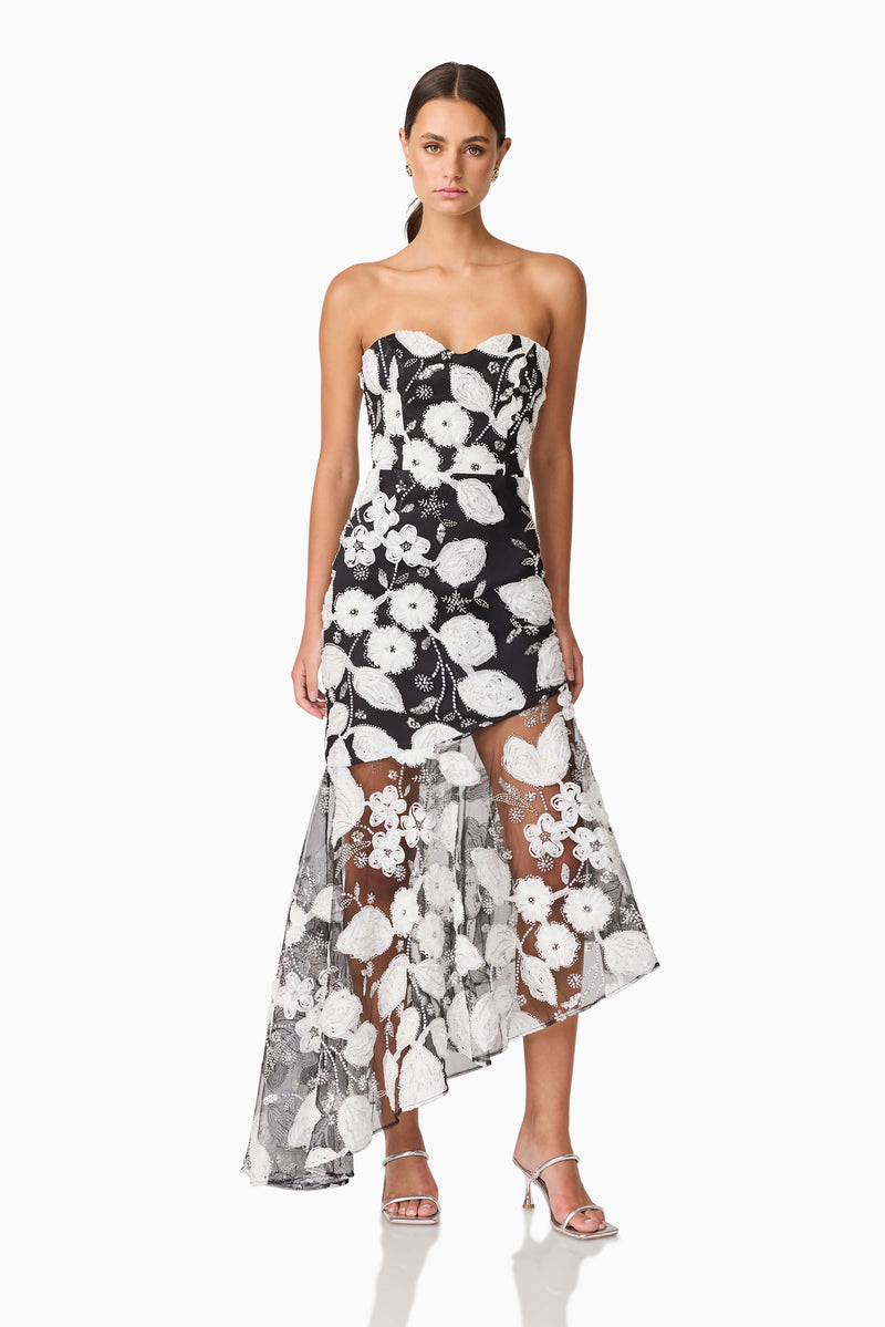 Brunette Model wearing Carol Strapless Gown in Black & White posed shot