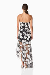 Brunette Model wearing Carol Strapless Gown in Black & White back shot