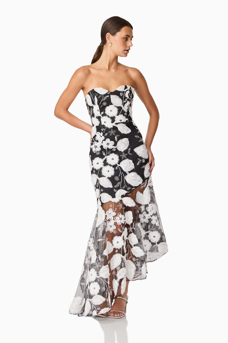 Brunette Model wearing Carol Strapless Gown in Black & White pose hands on hip shot