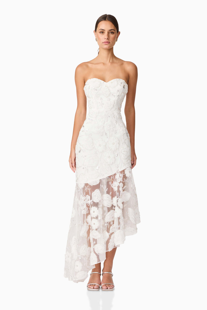 Brunette model wearing Carol Strapless Gown in White front shot