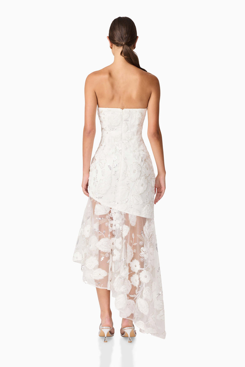 Brunette model wearing Carol Strapless Gown in White back shot