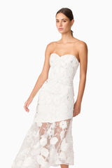 Brunette model wearing Carol Strapless Gown in White close up posed shot
