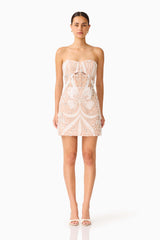 Orvella Embellished Mini Dress in White & Beigewith sweetheart neckline & bodice boning front shot
