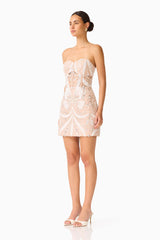 Orvella Embellished Mini Dress in White & Beige with sweetheart neckline & bodice boning side shot