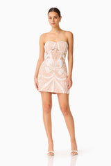 Orvella Embellished Mini Dress in White & Beige with sweetheart neckline & bodice boning posed shot