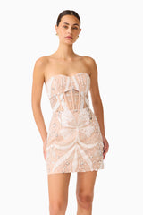 Orvella Embellished Mini Dress in White & Beige with sweetheart neckline & bodice boning close up shot