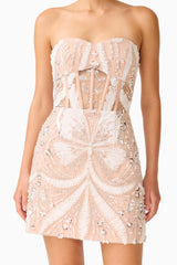 Orvella Embellished Mini Dress in White & Beige with sweetheart neckline & bodice boning detail shot